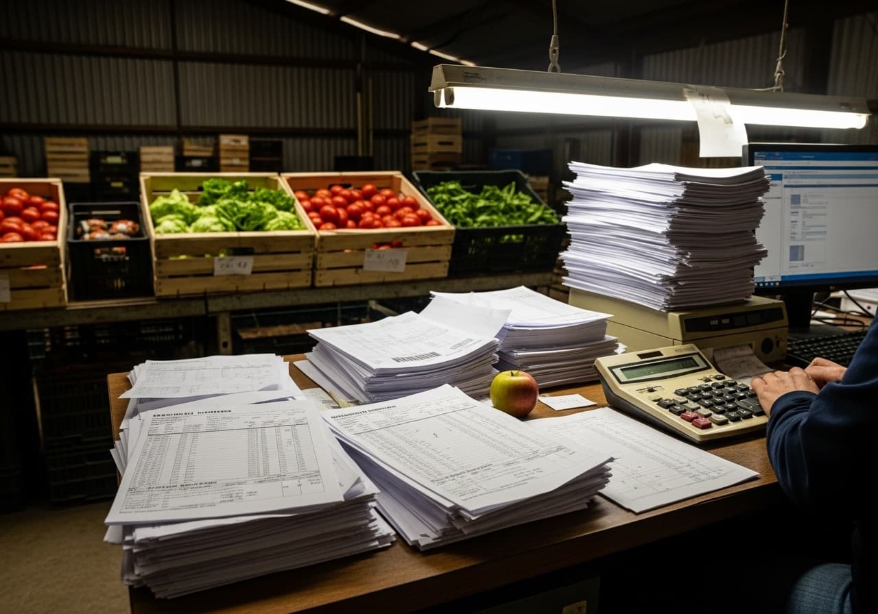 Magazijnkantoor met een bureau vol papieren orders en pakbonnen