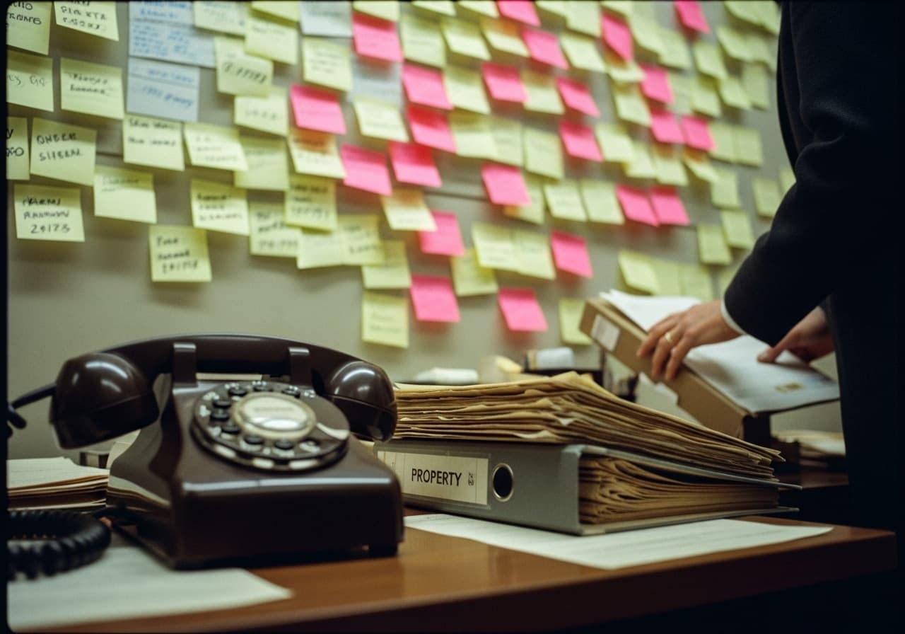 Estate agent desk with a wall of sticky-note leads and an old rotary phone