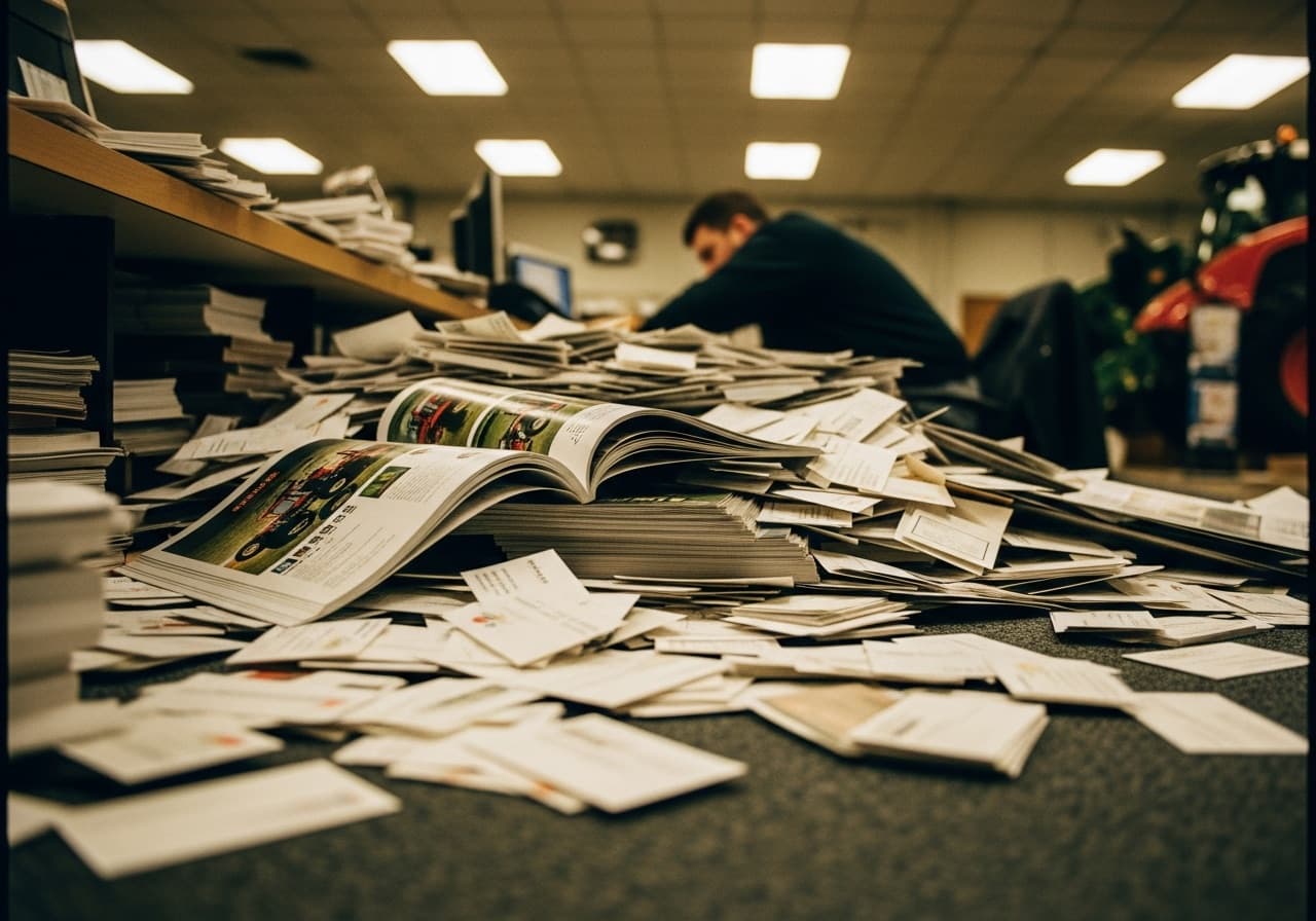 Sales desk overflowing with business cards and machine brochures