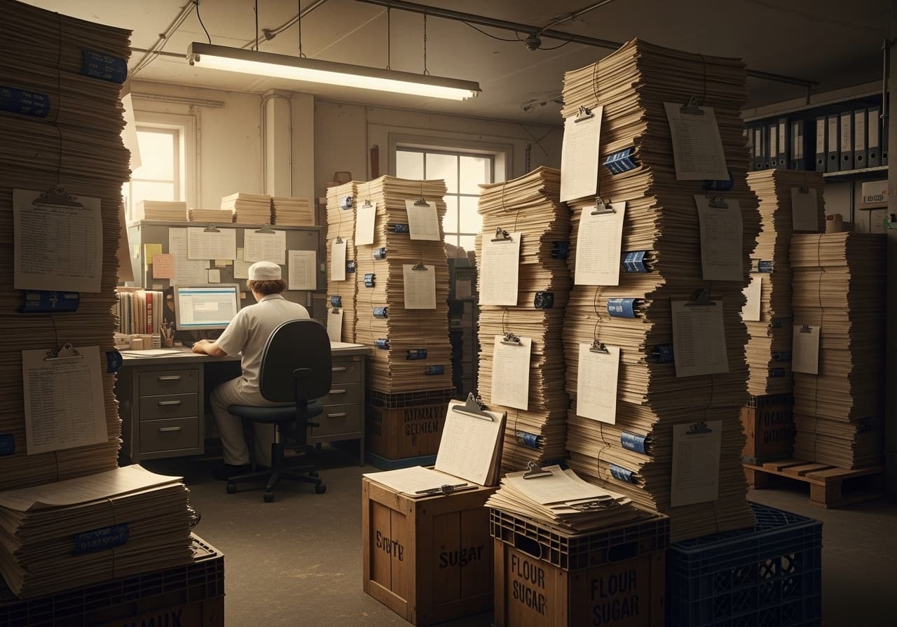 Food factory office buried under stacks of paper quality-control logs