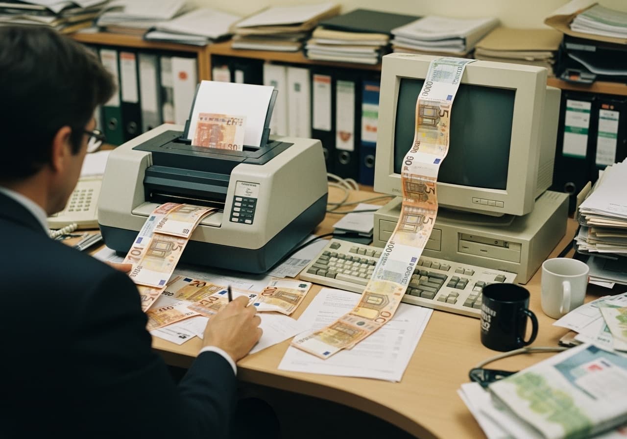 Eurobiljetten die uit een oude printer en computer rollen op een vol bureau