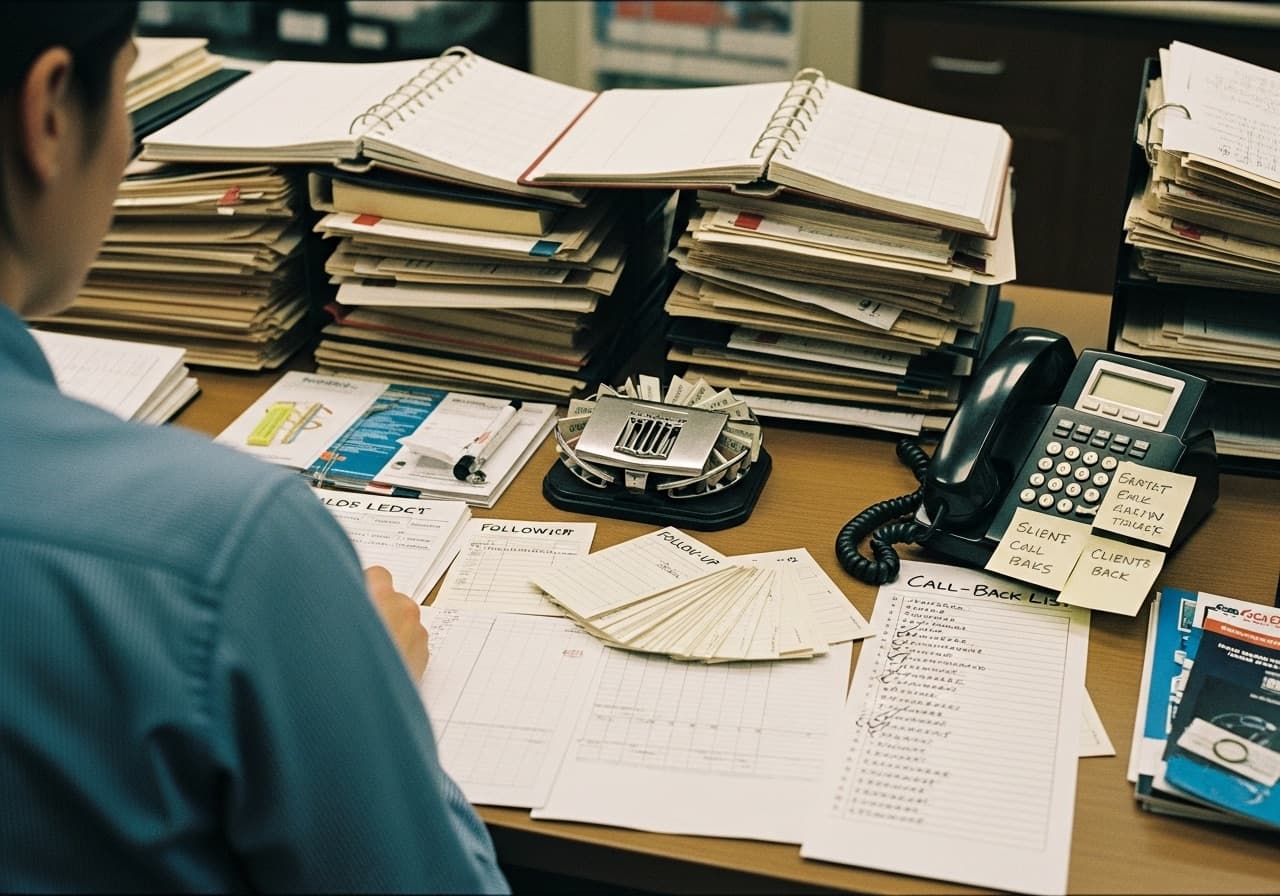 Agent behind stacks of client folders and follow-up sticky notes