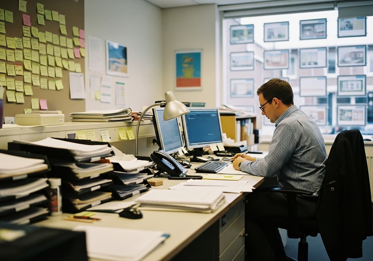 Makelaarsbureau met een muur vol post-its met leads en een oude telefoon