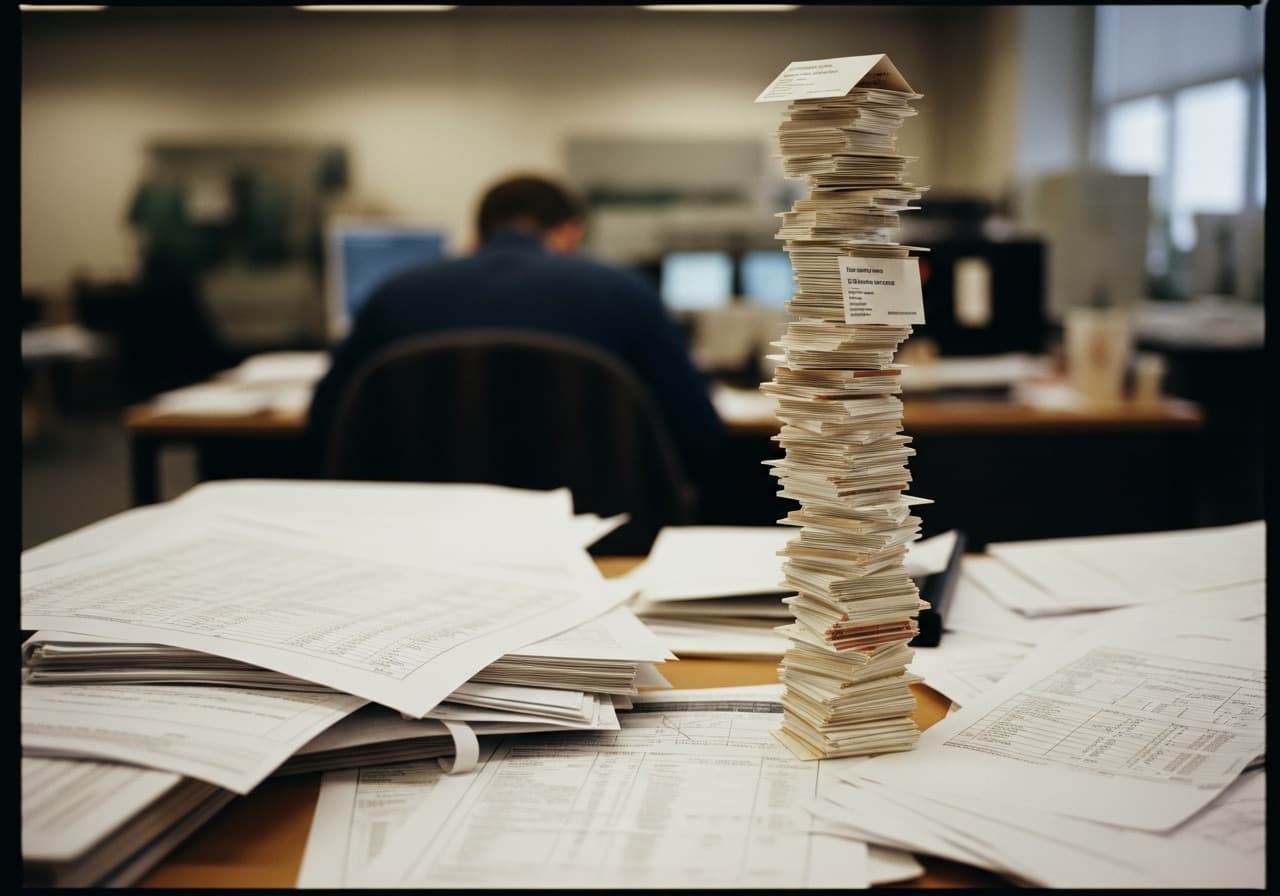 Verkoopbureau bedolven onder technische specificatiebladen en visitekaartjes