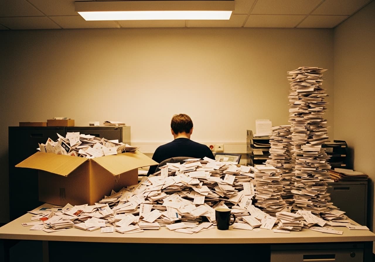 Desk overflowing with business cards collected at a trade fair